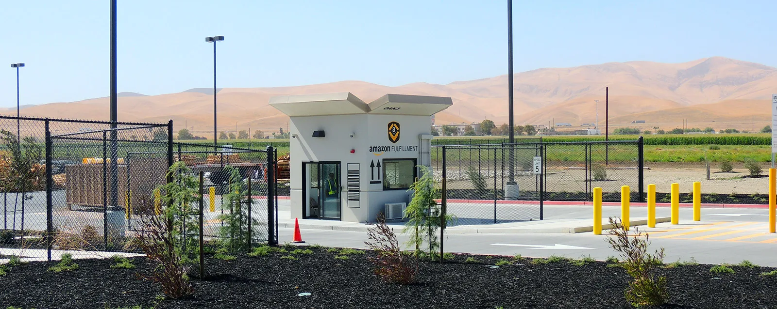 Guard-house controlled entry and perimeter fencing at the Amazon fulfillment facility in Tracy